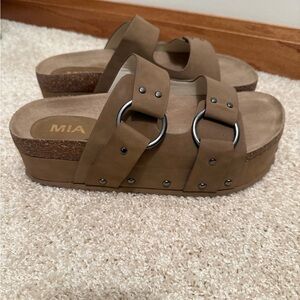 MIA Brown Platform Slide Clogs with Ring and Stud Accents